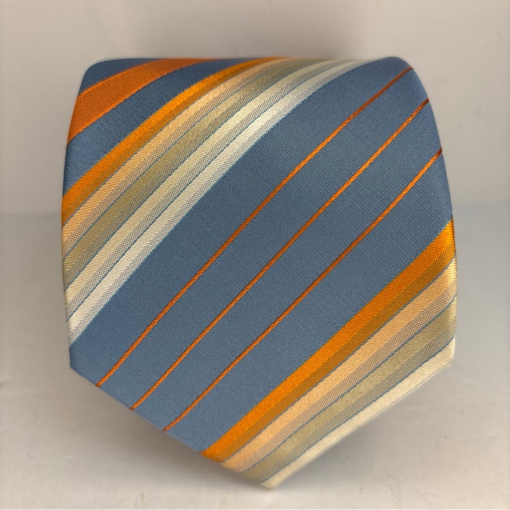 Biaggini 100% Silk Tie Blue Orange Cream Striped Bold Business 60” Necktie